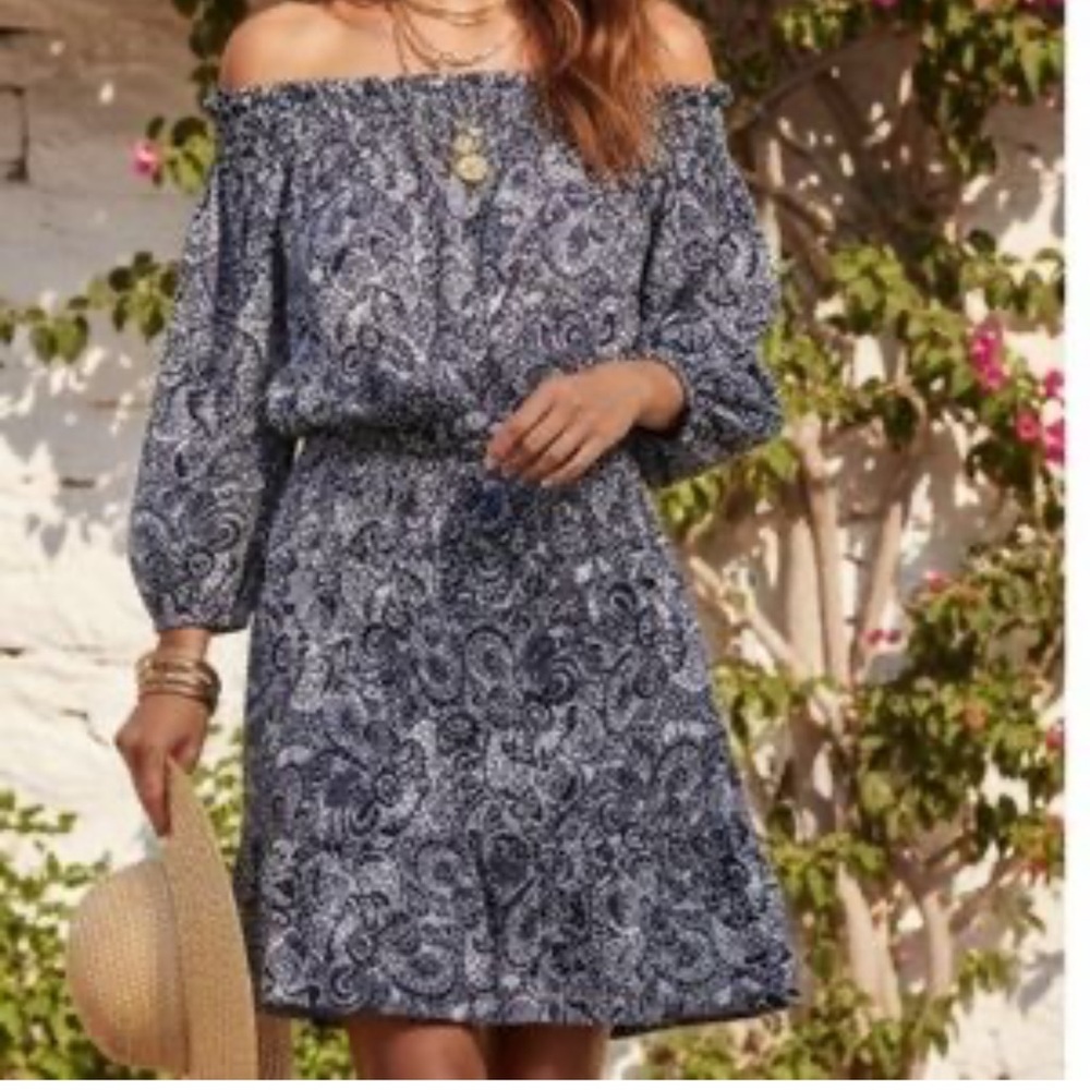 NWT Michael Kors Off The Shoulder Midnight Crepe A-Line Dress Navy Paisley SP